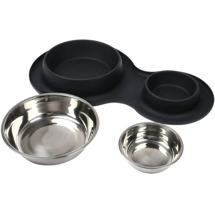 Silicone Food Mat Feeder Double Bowls For Pet Dog Cat